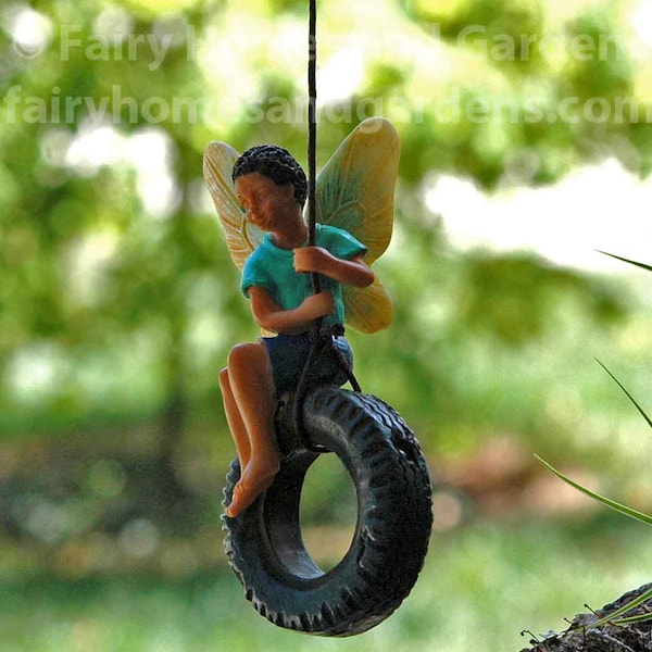 Fairy Boy Swinging Fairy of Color African American Fairy Boy on Tire Swing Miniature Black Fairy Boy Figurine on Swing