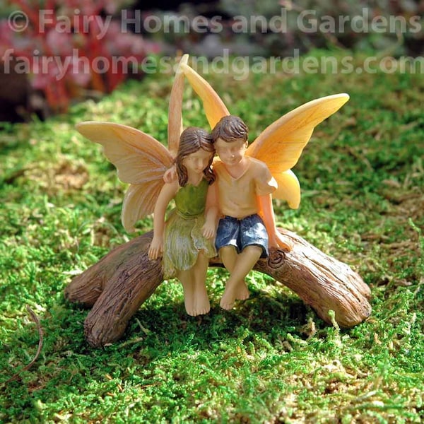 Woodland Knoll Fairies on Friendship Bridge - Fairy Figurines - Miniature Fairies - Fairy Garden Supply - Boy Fairy