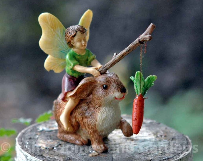 Fairy Boy Rides a Rabbit Miniature Fairy Boy Figurine Woodland Knoll ...