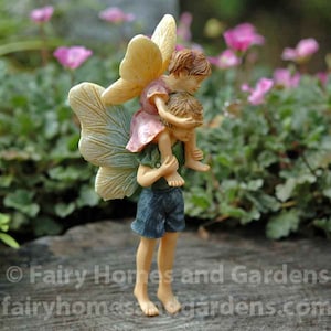 Woodland Knoll Fairy Riding Piggyback on Brother Fairy - Fairy Garden Supply - Miniature Fairies - Fairy Figurines - Fairy Boys and Girls