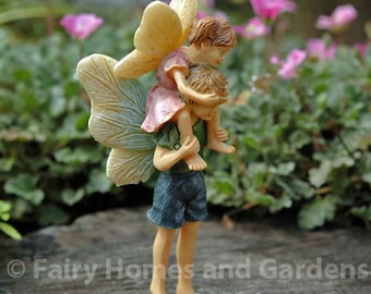 Woodland Knoll Fairy Riding Piggyback on Brother Fairy - Fairy Garden Supply - Miniature Fairies - Fairy Figurines - Fairy Boys and Girls