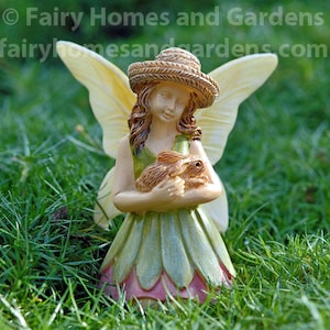 Woodland Knoll Fairy with Bunny Figurine - Miniature Fairy Girl Figurine - Fairy Garden Supply - Faerie