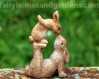 Miniature Woodland Knoll Bunnies "Nose to Nose" Figurine - Fairy Garden Pets - Miniature Rabbits - Miniature Bunnies - Fairy Garden Supply