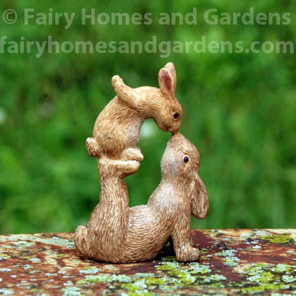 Miniature Woodland Knoll Bunnies "Nose to Nose" Figurine - Fairy Garden Pets - Miniature Rabbits - Miniature Bunnies - Fairy Garden Supply