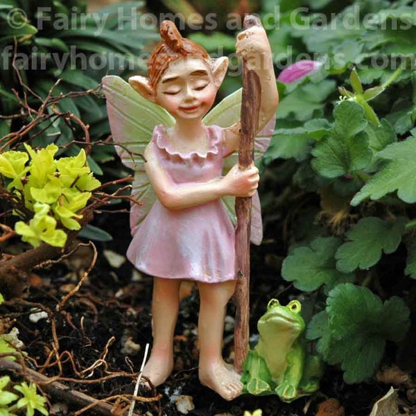 Miniature Fairy 'Flossy' with Pet Frog 'Froggie'  - Fairy Garden Supply - Fairy Figurine - Swampland Themed Fairy - Swamp Fairy