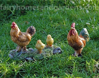 Miniature Rooster, Hen, and Chicks Figurines - Miniature Fairy Garden Supply - Farm Themed Fairy Garden Accessory - Miniature Farm Animals