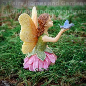 Woodland Knoll Fairy Girl Figurine with Tiny Bluebird - Miniature Fairy Figurine - Fairy Garden Supply
