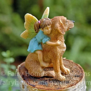 Miniature Fairy Girl Riding a Dog - Fairy Garden Supply - Woodland Knoll Themed Fairy Garden - Fairy Figurine