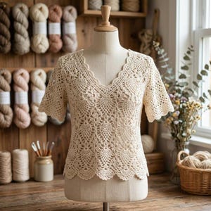 May include: A cream-colored short-sleeved top made of intricate crochet lace with a V-neckline and scalloped edges. The garment is displayed on a mannequin, showcasing a detailed floral and geometric pattern throughout the knit fabric.