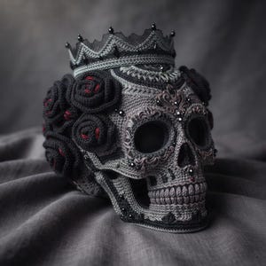 Könnte beinhalten: Eine graue gehäkelte Totenkopfskulptur, die an der Seite mit schwarzen gehäkelten Rosen verziert ist. Der Totenkopf weist aufwendige schwarze und graue Stickereien, kleine schwarze Perlen und eine Krone aus schwarzer Spitze und Perlen auf.