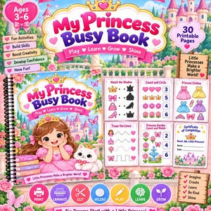 Może przedstawiać: Drukowna książka aktywności My Princess Busy Book zawierająca 30 stron dla dzieci w wieku 3-6 lat. Okładka przedstawia dziewczynkę i kota przed zamkiem, z sekcjami do dopasowywania cieni, liczenia, rysowania linii oraz certyfikatem.