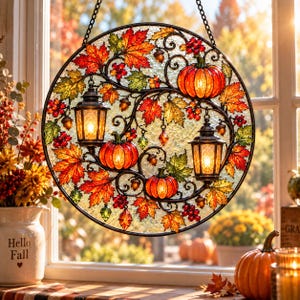 Op de afbeelding: Een ronde glas-in-lood zonnevanger met een herfstontwerp van oranje pompoenen, verlichte lantaarns, rode en gele esdoornbladeren en kleine eikels. Het object is omlijst met zwart metaal en hangt aan een ketting voor een raam.