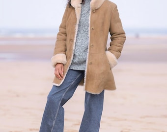 Women's Genuine Sheepskin Shearling Coat – Handmade Luxury Tan Winter Outerwear