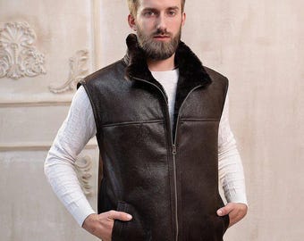 Men's Handmade Genuine Shearling Leather Vest – Brown Aviator Style