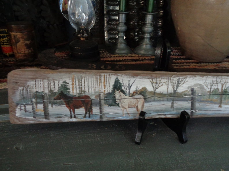 Vintage Painting on Barn Wood Slat horses in Snow Etsy