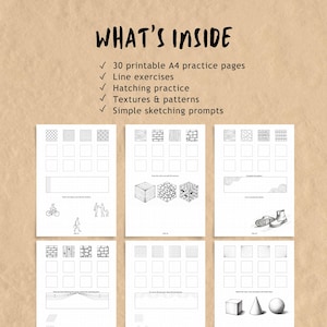 May include: A digital document titled WHAT'S INSIDE featuring 30 printable A4 practice pages for drawing. The content includes line exercises, hatching practice, textures, patterns, and sketching prompts, displayed across six white grid-based sheets.