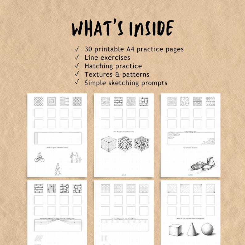 May include: A digital document titled WHAT'S INSIDE featuring 30 printable A4 practice pages for drawing. The content includes line exercises, hatching practice, textures, patterns, and sketching prompts, displayed across six white grid-based sheets.