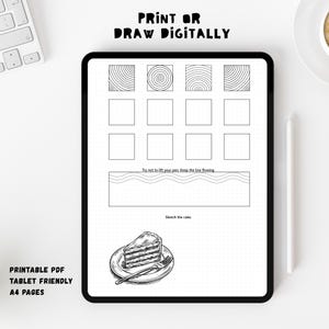 May include: A digital drawing practice worksheet displayed on a tablet screen. The page features black line art exercises including geometric squares, wavy line patterns, and a detailed illustration of a slice of cake on a plate with a fork.
