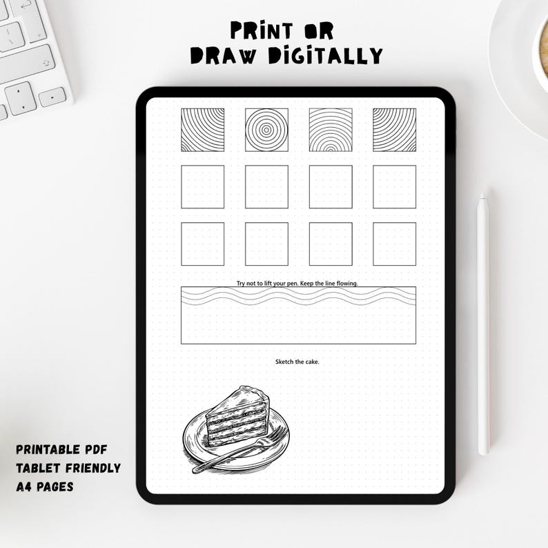 May include: A digital drawing practice worksheet displayed on a tablet screen. The page features black line art exercises including geometric squares, wavy line patterns, and a detailed illustration of a slice of cake on a plate with a fork.