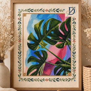 Monstera Pattern Cross Stitch PDF, Colorful Watercolor Leaf Chart for Modern Botanical Art