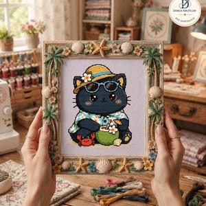 Black Cat Cross Stitch Pattern, Kawaii Kitty PDF with Tropical Beach Vibes