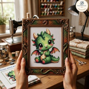 Puede incluir: Un bordado en punto de cruz enmarcado que muestra un lindo dragón verde con grandes ojos oscuros, mejillas rosadas y alas pequeñas. El marco rectangular ornamentado tiene un patrón de escamas de dragón en verde y bronce.