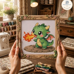 Kawaii Cross Stitch Ember Dragon Pattern, PDF with Fire Breathing Design