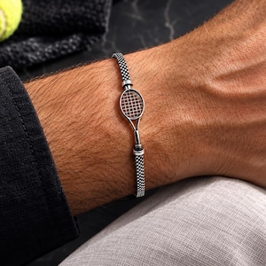 Pulsera con raqueta de tenis de plata de ley, joyería deportiva, regalo para amantes del deporte, cadena ajustable para hombres y mujeres.