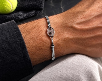 Tennisschläger-Armband aus Sterlingsilber – Schmuck für Sportler – Geschenk für Sportbegeisterte – Verstellbare Kette – Herren – Damen