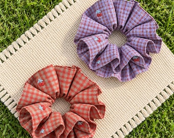 Handmade Cotton Gingham Scrunchie, Cherry Embroidery, Double Layer Ruffle Hair Tie