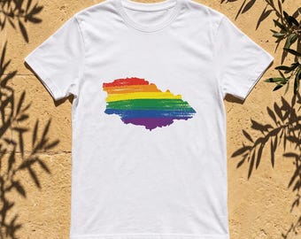 Gozo Pride Paintbrush Map T-Shirt, Rainbow Flag Malta, Unisex Cotton Tee