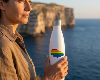 Gozo Pride Water Bottle, Rainbow Map Malta, Stainless Steel Bottle, LGBTQIA+ Gift, 17oz