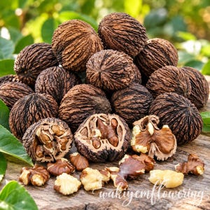 May include: A pile of dark brown, deeply textured black walnuts with hard, ridged shells. Several walnuts are cracked open, revealing the light tan, wrinkled nut meat inside. Loose walnut kernels are scattered in the foreground on a wooden surface.