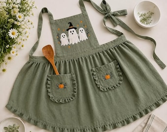 Embroidered Ghost Pumpkin Linen Apron, Women's Fall Baking Kitchen Wear