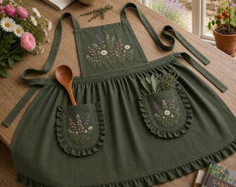 Embroidered Linen Apron, Ruffled Pockets, Wildflower Floral Baking Garden