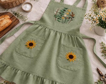 Handmade Embroidered Sage Green Linen Apron, Floral Botanical Kitchen Apron, Cottagecore Style