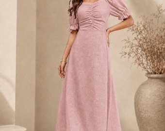Handmade Linen Puff Sleeve Midi Dress, Square Neck Cottagecore Style (Custom Size)