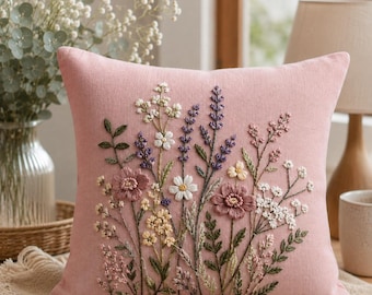 Hand Embroidered Floral Pillow Cover, Sage Green Botanical Cushion, Cottagecore Home Decor
