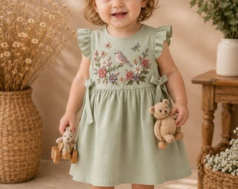 Hand Embroidered Bird & Floral Linen Dress, Cottagecore Toddler Outfit