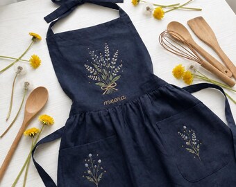 Hand Embroidered Navy Linen Apron, Wildflower Kitchen Baking Gardening Apparel