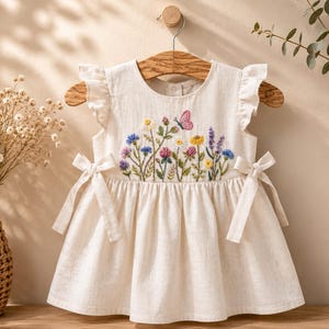 Peut inclure: Une robe sans manches blanc cassé avec des épaules à volants et une jupe froncée. Le corsage présente une broderie florale colorée avec diverses fleurs sauvages et un petit papillon rose. Deux liens en tissu sont fixés sur les côtés.