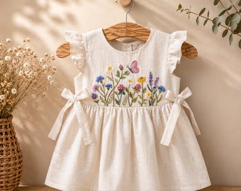 Embroidered Linen Toddler Dress, Wildflower Butterfly Baby Girl, First Birthday Outfit