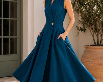 100% Linen Midi Dress, Sleeveless Wrap V-Neck, A-Line Silhouette, Side Pockets
