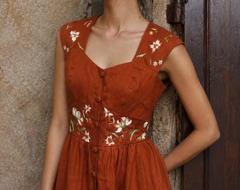 Embroidered Linen Midi Dress, Floral Sleeveless Summer Boho Wedding Guest