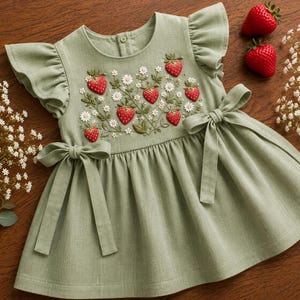 May include: A sage green dress featuring flutter sleeves, a round neckline with a single button closure, and an embroidered pattern of red strawberries and white daisies across the chest. The waist is accented with two side ties in matching fabric.