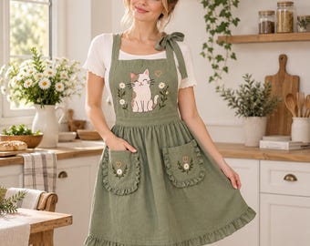 Delantal de lino bordado para mujer, delantal floral con estampado de gatos y bolsillos, delantal de cocina estilo cottagecore, regalo para amantes de los gatos.