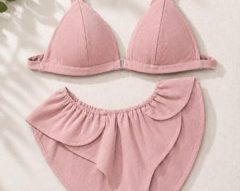 Linen Triangle Bikini Set, High Waist Ruffle Swimsuit, Women's Beachwear