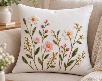 Hand Embroidered Pillow Cover, Floral Linen Pillow, Wildflower Cushion Cover, Botanical Throw Pillow, Cottagecore Farmhouse Home Decor