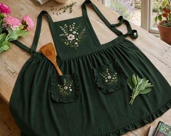 May include: A dark green apron featuring embroidered white and yellow floral designs on the chest and two ruffled pockets. The apron has long shoulder straps and a gathered skirt with a ruffled hem, showcasing detailed botanical needlework.