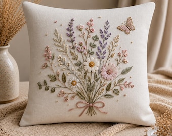 Hand Embroidered Linen Pillow Cover, Floral Wildflower Bouquet, Butterfly Accent, Cottagecore Decor